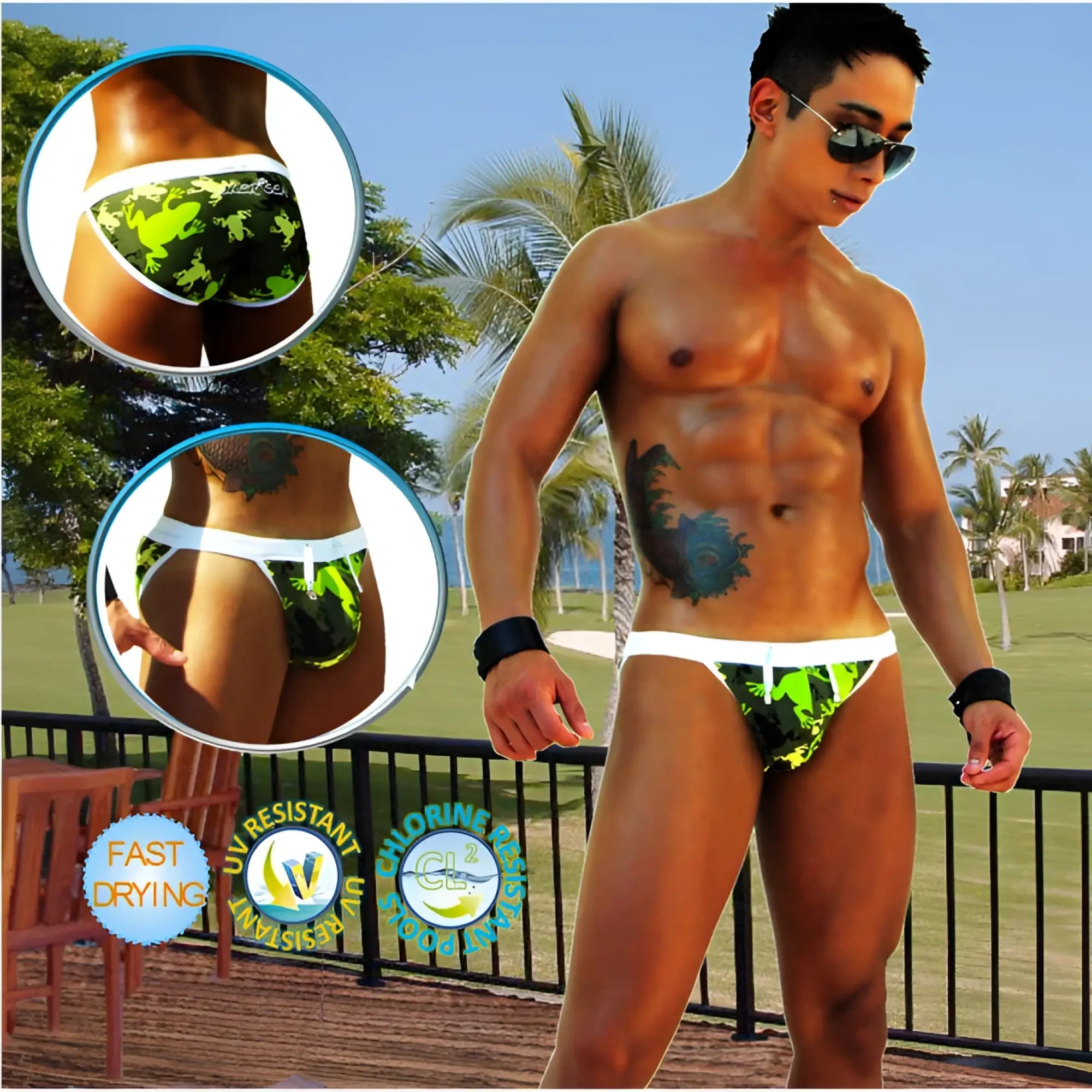 Green and black camouflage microslip bikini swimwear with white waistband for kids by Icker Sea Little Frogs