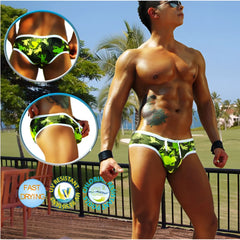 Icker Sea little frogs mini bikini swimwear green and black camouflage swim trunks with white trim front view