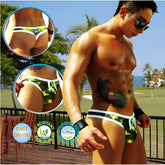 Icker Sea Little Frogs tanga thong swimwear in green and black camouflage with white trim swim trunks design