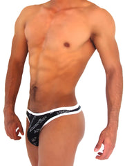Black and white patterned men’s mesh thong underwear with a bold stylized icker sea logo design
