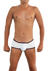 Icker sea logo pouch contrast trim mini boxer brief underwear in white with blue pattern and black trim