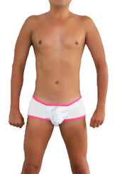 Icker Sea logo pouch contrast trim mini boxer brief underwear white with fuchsia trim and subtle blue pattern