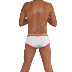 White fuchsia icker sea logo pouch mini boxer brief underwear showing back side with bright pink trim and blue pattern