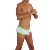 Icker Sea logo pouch mini boxer brief underwear in white with neon green trim and light blue floral embroidery