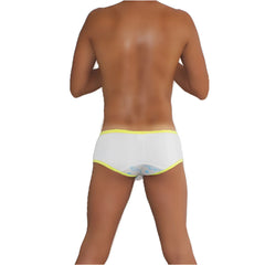 White icker sea logo pouch mini boxer briefs with bright yellow trim and light blue floral pattern on back