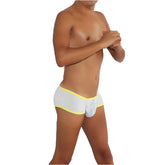 Icker sea logo pouch mini boxer brief underwear in white with bright yellow trim and light blue floral embroidery