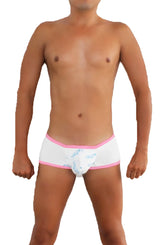 Icker sea logo pouch contrast trim mini boxer brief underwear in white with pink trim and light blue abstract patterns