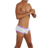 White briefs with purple trim and light blue cartoon print featuring icker sea logo pouch contrast trim mini boxer brief