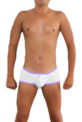 Icker sea logo pouch contrast trim mini boxer brief underwear in white with purple waistband and blue patterned accents
