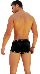 Black velvet boxer brief underwear by icker sea with white embroidered logo trim on waistband and leg openings