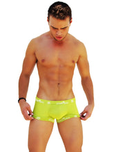 Bright lime green icker sea logo trim boxer brief underwear with white logo pattern on waistband for men