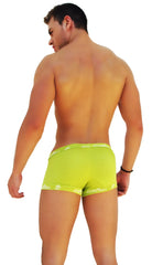 Bright lime green icker sea logo trim boxer brief underwear with white patterned waistband and leg openings