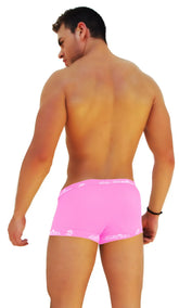 Bright pink icker sea logo trim boxer brief underwear with white waistband and leg opening trim for men