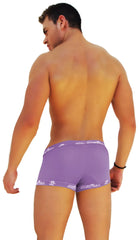 Purple icker sea logo trim boxer brief underwear with white sicre branding on waistband and leg openings