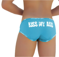 Blue icker sea logo trim kiss my ass brief underwear with distressed text on the back in blue color