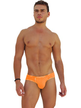Bright orange icker sea logo trim kiss my ass brief underwear with decorative lace waistband for men