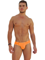 Bright orange icker sea logo trim kiss my ass brief underwear with decorative lace waistband for men