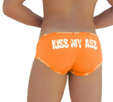 Orange icker sea logo trim kiss my ass brief underwear featuring white text and waistband pattern