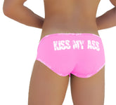 Bright pink icker sea logo trim kiss my ass brief underwear showing the back with bold white text
