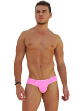 Bright pink icker sea kiss my ass brief underwear with lace trim and white patterned logo waistband