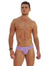 Lavender purple icker sea logo trim kiss my ass briefs with white lace trim and subtle patterned waistband