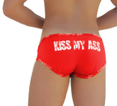 Red icker sea brief underwear featuring white kiss my ass text and a repeating logo trim waistband pattern