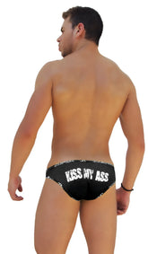 Black icker sea logo trim slip bikini underwear with white kiss my ass text and bandana style waistband pattern