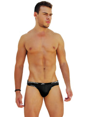 Black icker sea logo trim kiss my ass slip bikini briefs with white logo pattern on waistband front view