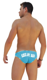 Back side of icker sea blue slip bikini underwear featuring bright swim trunks with white kiss my ass text