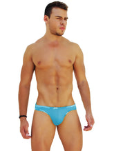 Light blue form-fitting bikini briefs with subtle white icker sea logo trim along waistband for everyday wear
