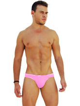 Icker Sea logo trim pink slip bikini underwear with bright pink swim trunks and white waistband pattern