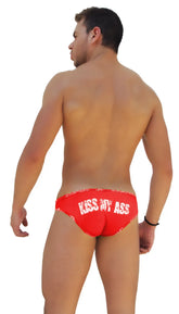 Red icker sea logo trim kiss my ass slip bikini underwear featuring white text and decorative waistband pattern
