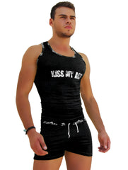 Black icker sea tank top and matching shorts with kiss my ass graphic and drawstring waistband in textured fabric