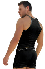 Black velvet tank top and matching shorts with silver chain trim from icker sea logo trim kiss my ass collection