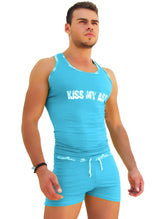 A bright turquoise sleeveless tank top with white lettering and matching drawstring waistband by icker sea