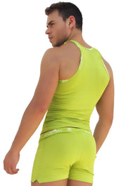 Icker Sea bright lime green athletic tank top with white embroidered trim along neckline and waistband