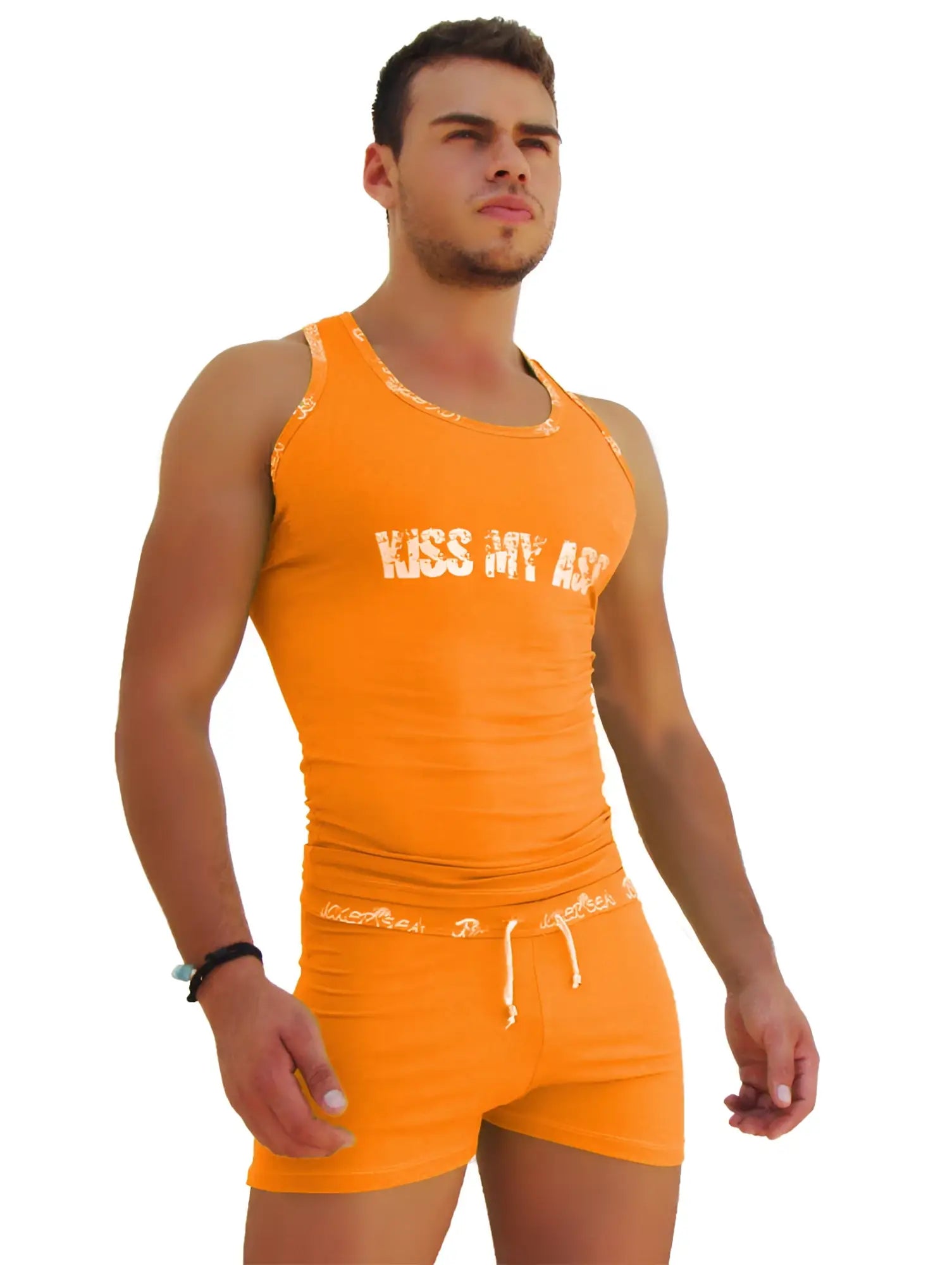 Orange Icker Sea logo trim kiss my ass tank top t shirt with white lettering and trim in a soft fabric