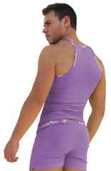 Purple sleeveless tank top with white Icker Sea logo trim on shoulder straps and waistband for casual wear