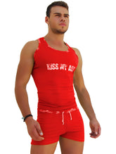 Red icker sea logo trim kiss my ass tank top t shirt with white lettering and matching red drawstring shorts
