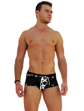 Icker Sea logo trim lace front boxer brief underwear black with white skull and crossbones design and waistband text