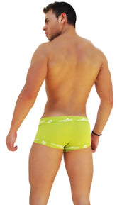 Bright lime green icker sea lace front boxer brief underwear with white logo trim along the waistband