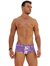 Purple icker sea men’s briefs with white lace-up front and repeating logo pattern in breathable fabric