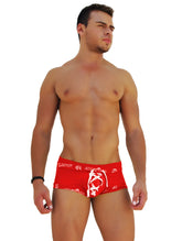 Red men’s boxer brief underwear with white lace front and repeating icker sea logo trim pattern in red