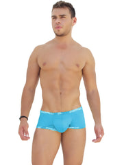 Bright blue icker sea low boxer brief underwear with white patterned logo trim waistband for men