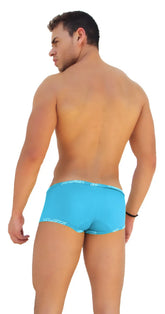 Icker sea logo trim low boxer brief underwear in bright turquoise with white patterned waistband and leg openings