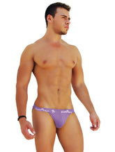 Purple men’s microslip bikini underwear with white victorsea logo on waistband for comfortable fit