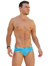 Bright turquoise icker sea logo trim mini bikini underwear with white logo and pattern along waistband in blue