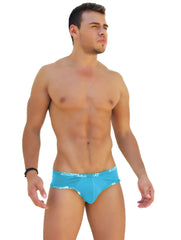 Bright turquoise icker sea logo trim mini bikini underwear with white logo and pattern along waistband in blue