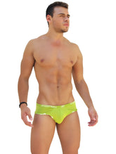 Bright lime green icker sea logo trim mini bikini briefs with subtle white waistband detail
