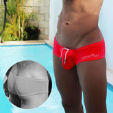 Bright red icker sea low rise scrunched back cheeky mini square cut trunk swimwear with white drawstring and embroidery